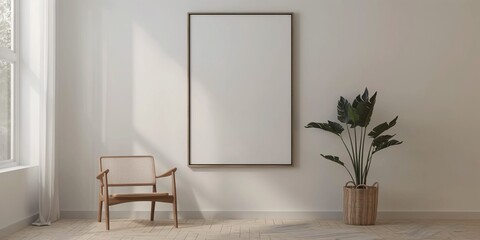 stylish framed wall art mockup, blank canvas, standing against white wall on the floor