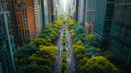 An aerial view of thousands of people running on a marathon in the city, surrounded by buildings and green trees 