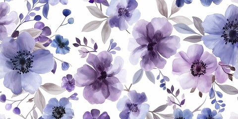 Subtle Watercolor Flowers and high apartment pattern, white background, purple and blue flowers in the style of apartment pattern.
