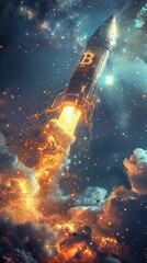 A rocket adorned with the Bitcoin symbol ascends through a starlit sky.