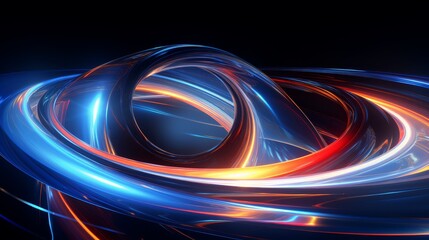 3D geometric vortex in metallic tones, centered with a glowing neon orb