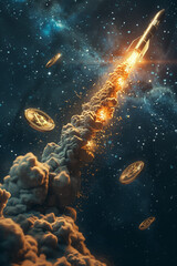 Obraz na płótnie Canvas Digital currency launch: a Bitcoin-branded rocket on its upward journey.