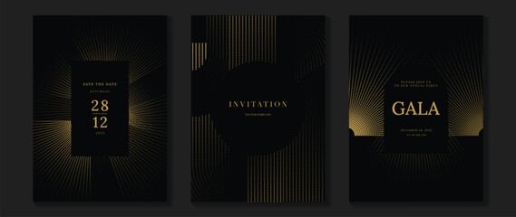 Luxury invitation card background vector. Golden elegant geometric shape, gold lines gradient on dark background. Premium design illustration for gala card, grand opening, wedding, party invitation.