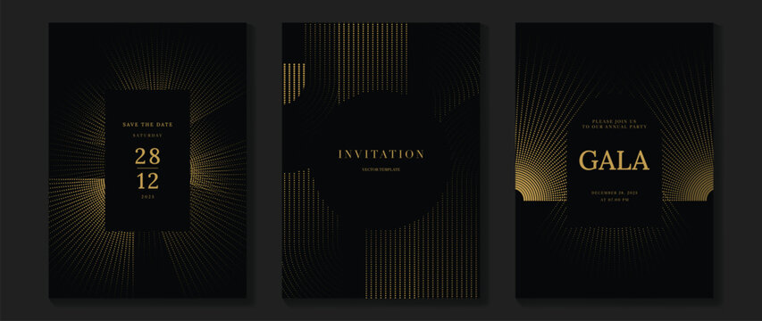 Luxury invitation card background vector. Golden elegant geometric shape, gold lines gradient on dark background. Premium design illustration for gala card, grand opening, wedding, party invitation.