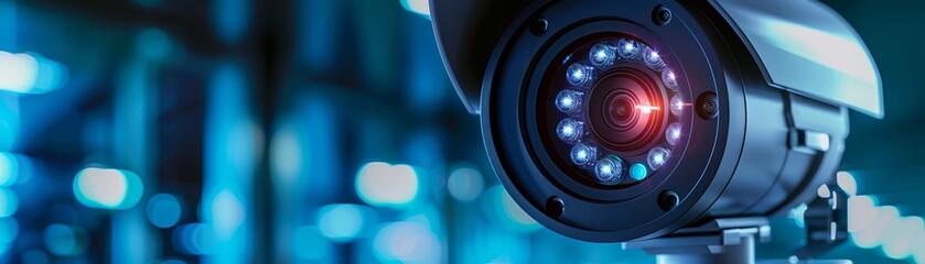 A closeup perspective of a modern CCTV camera, highlighting its role in enhancing safety and security measures , hyper realistic - obrazy, fototapety, plakaty