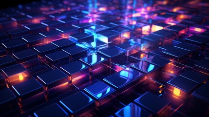 3D rendered neon grid with geometric shapes intersecting dynamically