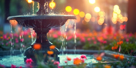A classic fountain comes to life amid a burst of colorful flowers, gleaming in the soft glow of evening city lights