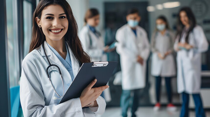 Smiling female doctor holding clipboard in her hand while standing at the clinic Unrecognizable medical team standing at the background Copy space : Generative AI - Powered by Adobe
