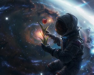 A lone astronaut presenting a delicate tulip amidst swirling galaxies, illuminated by a gentle backlight , 3D render - obrazy, fototapety, plakaty