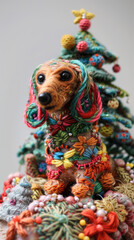 Fluffy Multicolor Christmas Trees And Cute Dachshund wool felt embroidery Wool threedimensional embroidery Bead embroidery