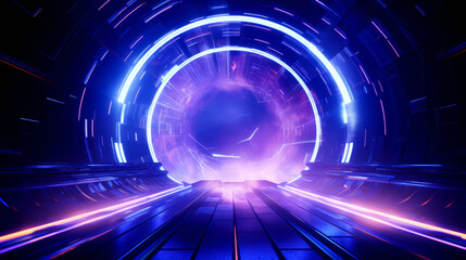 3D rendered tech-themed vortex tunnel with glowing end point - obrazy, fototapety, plakaty