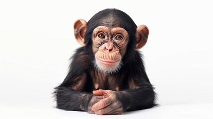 a young chimpanzee sitting on a white surface