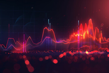 Digital display, options chart, stock market index chart glowing on a dark background.  - obrazy, fototapety, plakaty