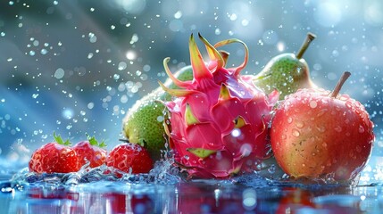 Vibrant splash of water on colorful fresh fruits with droplets creating a dynamic still life