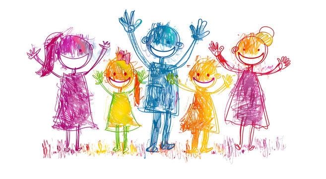 Vivid crayon drawing showing four children and an adult with uplifted arms smiling broadly