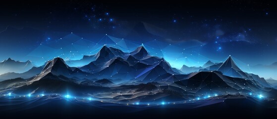 Abstract 3D digital mountain range in a tech-inspired wireframe style