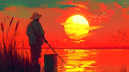 Gordijnen fisherman goes into the sunset with a bucket © john