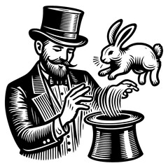 Circus magician pulling rabbit out of hat, capturing the magic of entertainment sketch engraving generative ai fictional character PNG illustration. Scratch board imitation. Black and white image.