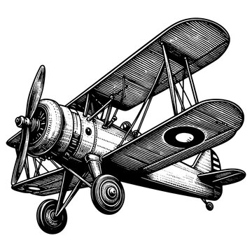 recommend clip art: biplane vintage plane, reminiscent of early aviation history sketch engraving generative ai PNG illustration. Scratch board imitation. Black and white image.