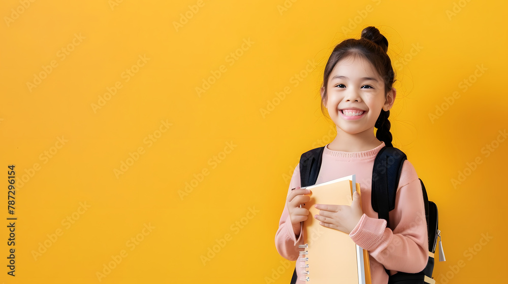 Aufkleber study and technologies smiling little schoolgirl holding paper book and digital tablet happy cute pr