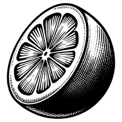 citrus fruit orange lemon half with detailed engraving, textured rind and juicy segments sketch engraving generative ai PNG illustration. Scratch board imitation. Black and white image.