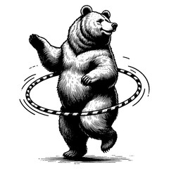 Circus bear skillfully hula hooping, captured in a detailed black and white engraving style sketch engraving generative ai PNG illustration. Scratch board imitation. Black and white image.