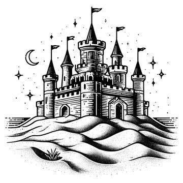 recommend clip art: sand castle sketch engraving generative ai fictional character PNG illustration. Scratch board imitation. Black and white image.