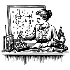 female scientist working with complex equations and early laboratory equipment sketch engraving generative ai fictional character PNG illustration. Scratch board imitation. Black and white image. - obrazy, fototapety, plakaty