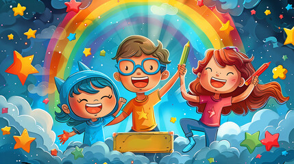 Joyful Children Celebrating with Rainbow and Stars
