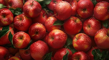 Detailed close-up of fresh apples with water droplets showcasing their natural red texture
