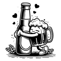 animated beer bottle and mug hugging, with hearts, for beverage enthusiasts sketch engraving generative ai fictional character PNG illustration. Scratch board imitation. Black and white image.