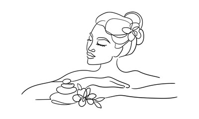 Girl enjoying spa salon isolated on white background. Fashion line art drawing. Vector illustration