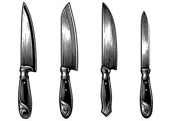 set of four chef knives with varying blade shapes and handle designs sketch engraving generative ai fictional character PNG illustration. Scratch board imitation. Black and white image.