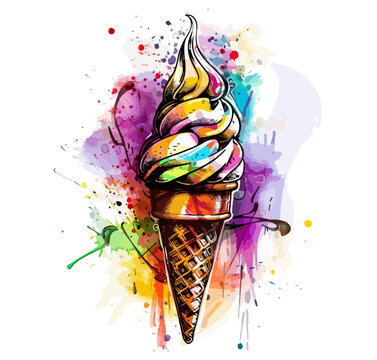 Eis Bunt Klecks Farben Illustration Waffel Eiscreme Sommer Wasserfarben Plakativ