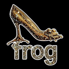 a gold shoe with a frog on the heel