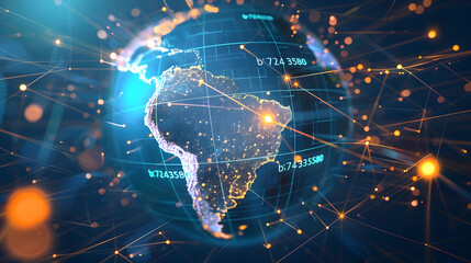 The continent of Africa is highlighted with glowing connections on this digital globe, signifying data and networks