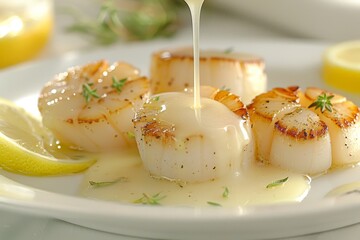 Chef preparing grilled scallops in creamy butter lemon or cajun spicy sauce with herbs - obrazy, fototapety, plakaty