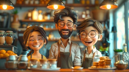 3D cartoon friends laughing together, coffee shop ambiance, cozy interior background - obrazy, fototapety, plakaty