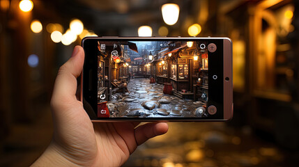 Hand holding a smartphone and taking a photo on a beautiful street with hanging lanterns.