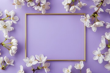Fototapeta na wymiar A photo of white cherry blossoms on a purple background with a gold frame.
