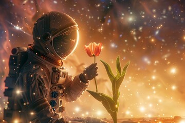 Amidst a backdrop of galaxies in motion, an astronaut presents a lovely tulip in the soft, gentle glow of a cosmic backlight , unique hyper-realistic illustrations