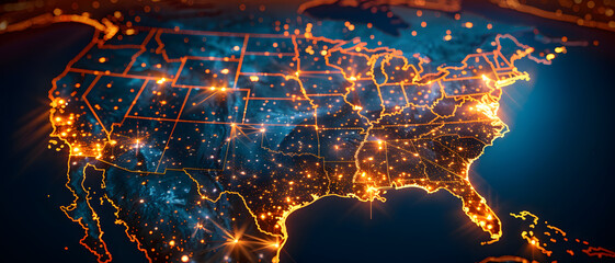 Sharp image showing the USA map with luminous points denoting data and technology flow