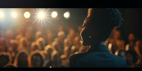 Rear view of African-American woman speaking into microphone during concert