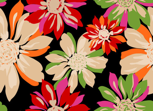 seamless tropical pattern with set os embroidery leaves hand drawn bold leaf and flower