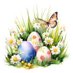 Easter eggs in green grass with white flowers but watercolor style, illustration.