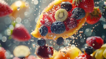 Explosion of water droplets surrounding an assortment of vibrant, fresh fruits in mid-air