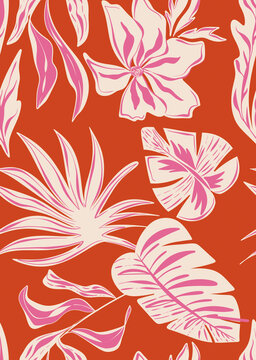 seamless tropical pattern with set os embroidery leaves hand drawn bold leaf and flower