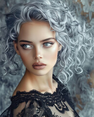Fototapeta premium A girl with a curly grey hair and makeup in a dress face view. Beauty salon concept 