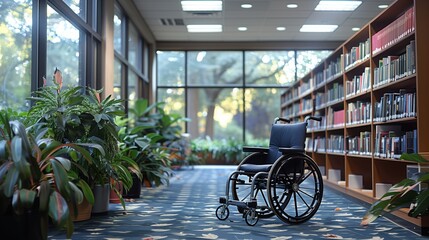 Wheelchair in Library With Plants and Bookshelves