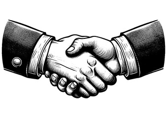 Businessman firm handshake, symbolizing trust, agreement, and partnership in a vintage style sketch engraving generative ai PNG illustration. Scratch board imitation. Black and white image. - obrazy, fototapety, plakaty